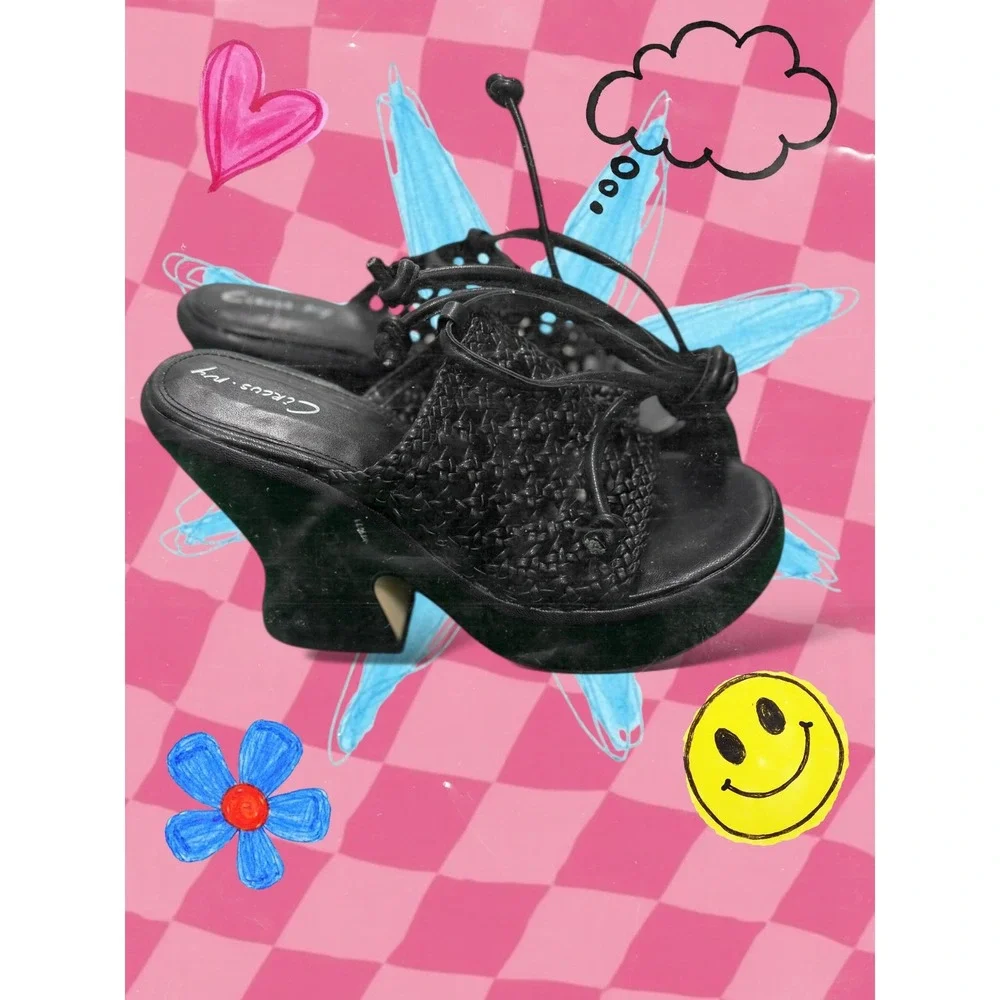 Circus‎ NY Black Woven Platform Wedge Mules Sandals Shoes size 7